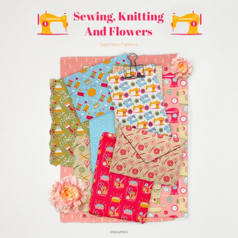 Sewing Knitting and Flowers Seamless Patterns Preview
