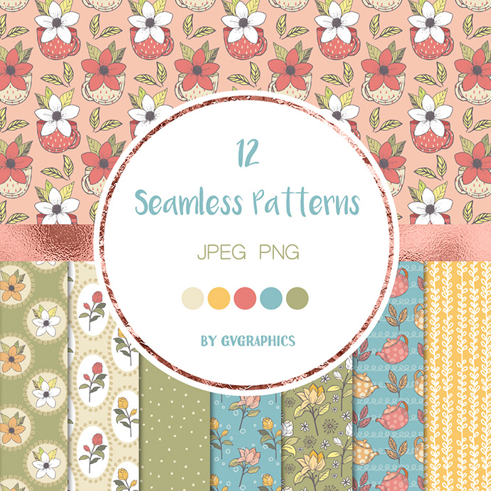 Teapots Teacups and Flowers Patterns Preview.