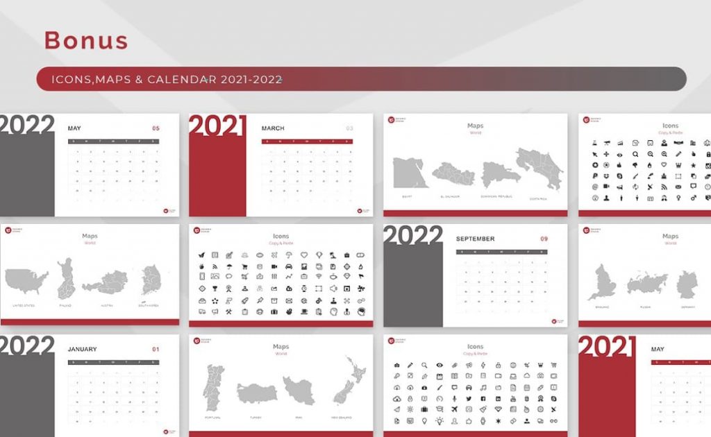 Vector Icons, Maps, Calendar Block Powerpoint Presentation Template.