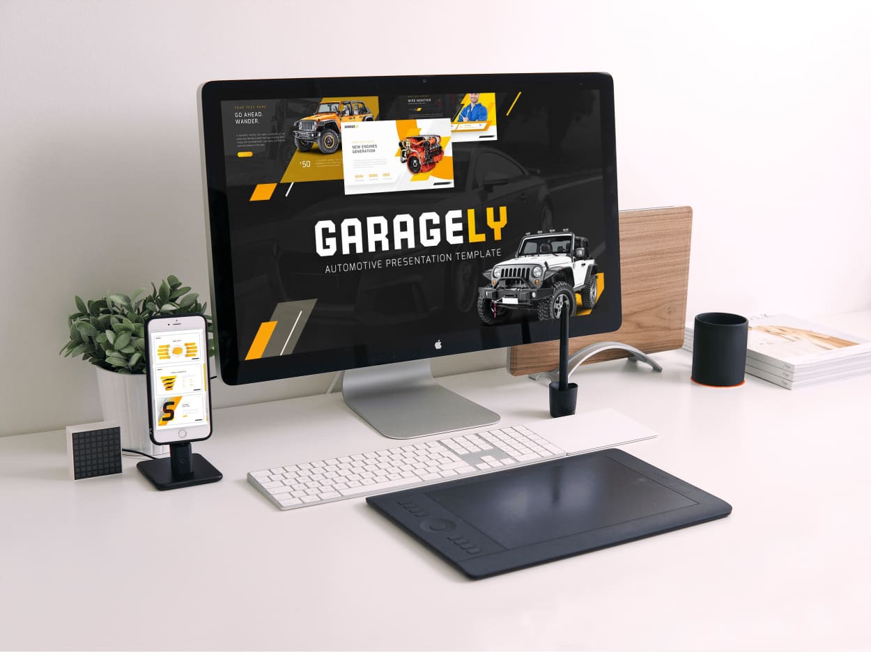 Garagely Automotive Presentation by MasterBundles Desktop preview mockup image.