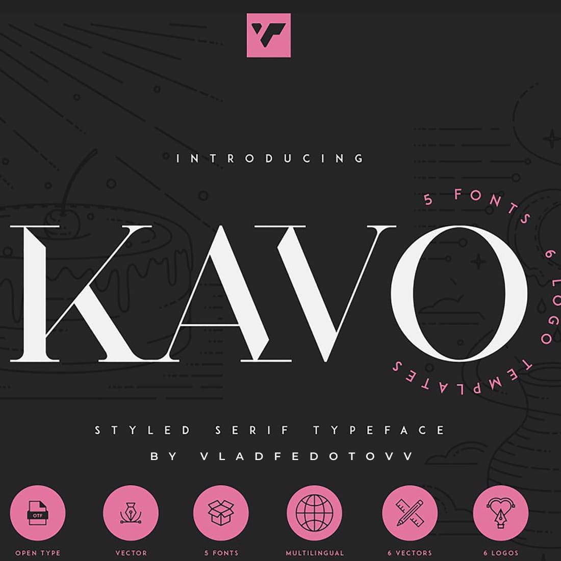 Kavo Styled Serif Typeface Family 5 fonts cover images.