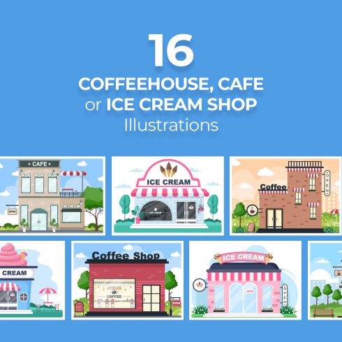 16 Coffeehouse, Cafe or Ice Cream Shop Illustrations cover image.