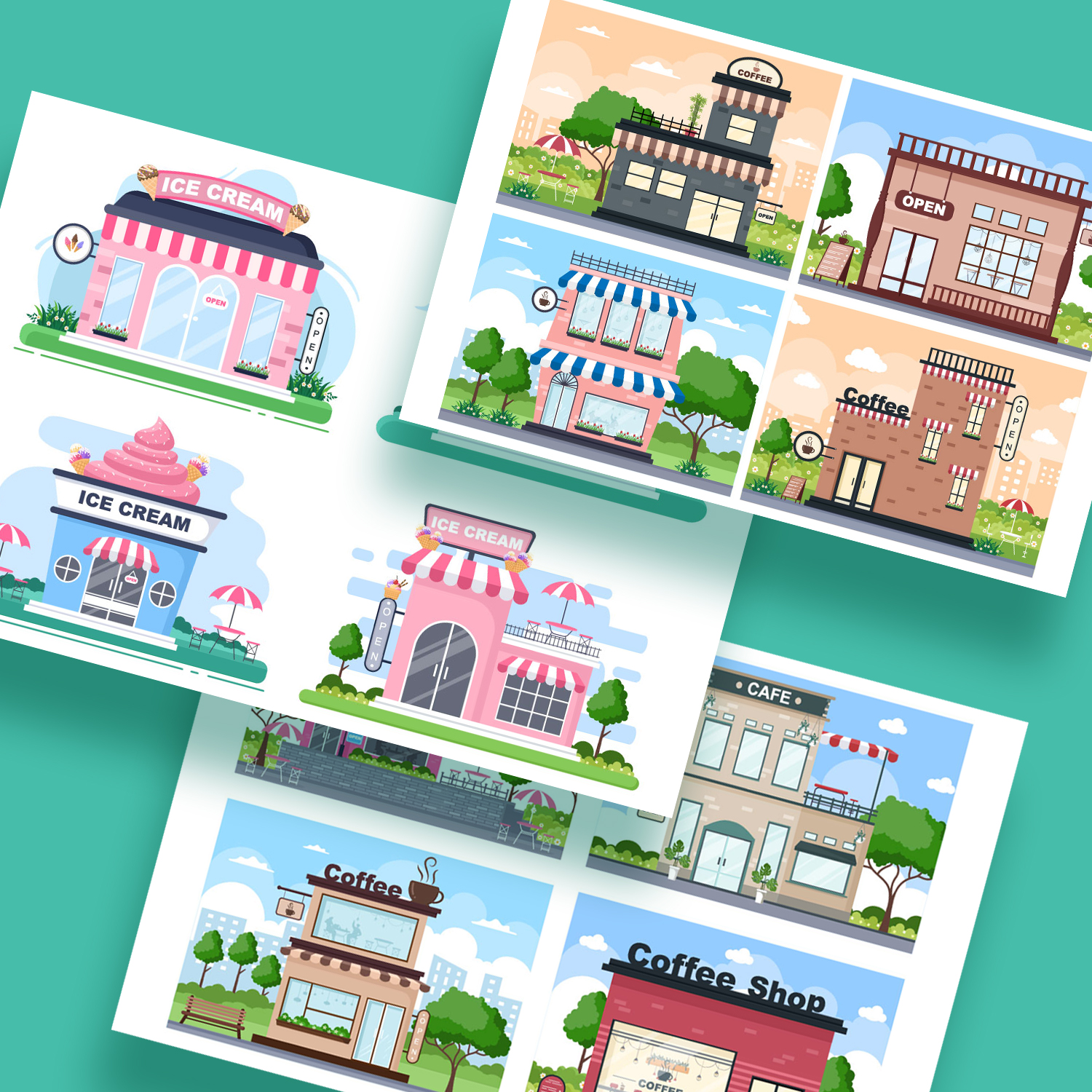16 Coffeehouse, Cafe or Ice Cream Shop Illustrations preview image.