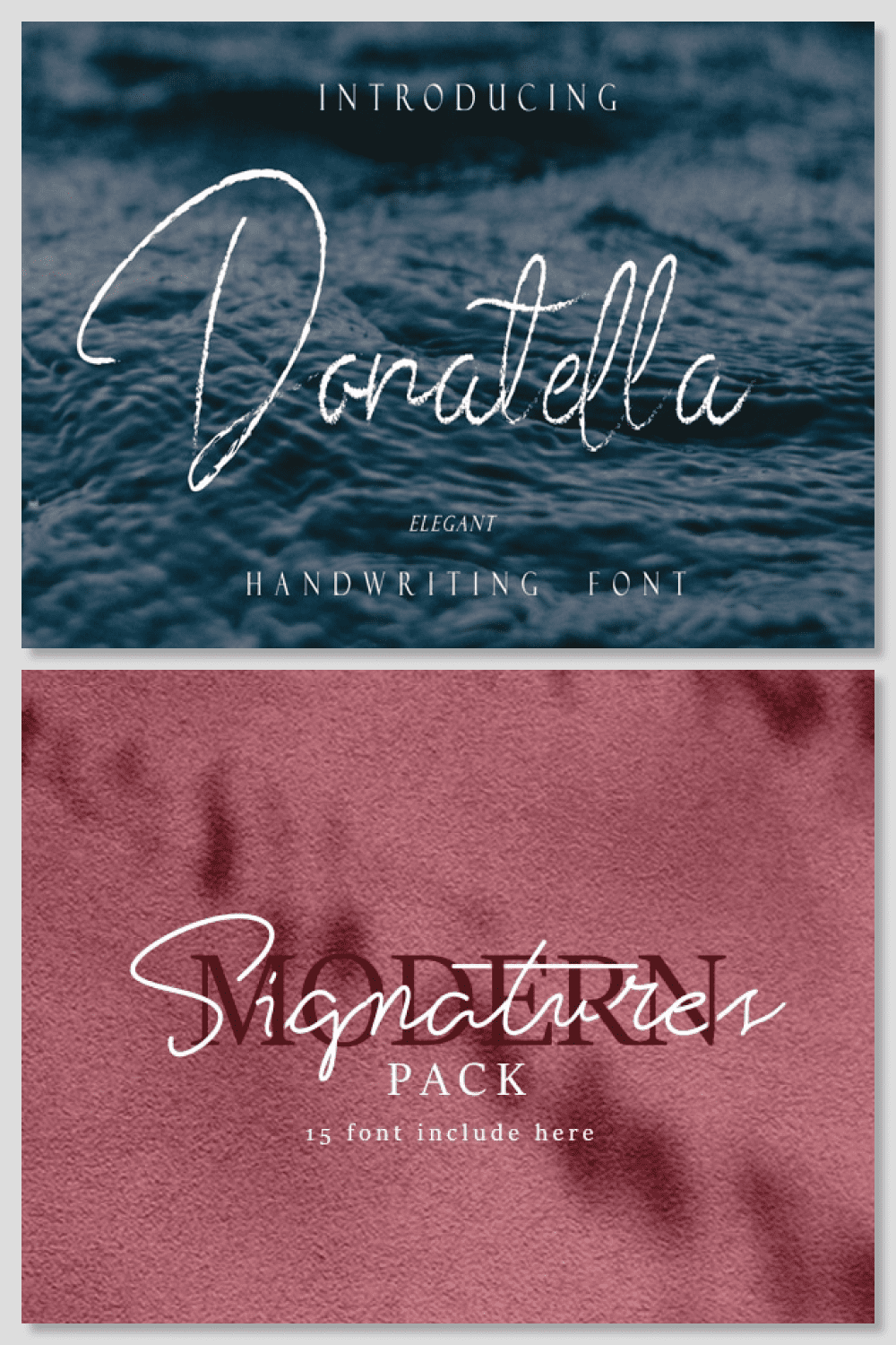 A collage of examples of writing a font on a pink and blue background.