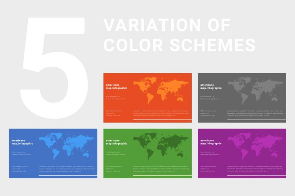 5 options for Americane color schemes: Region Map Powerpoint.