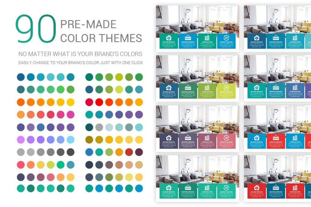 90 Stunning Premade Theme colors Real Estate PowerPoint Template.