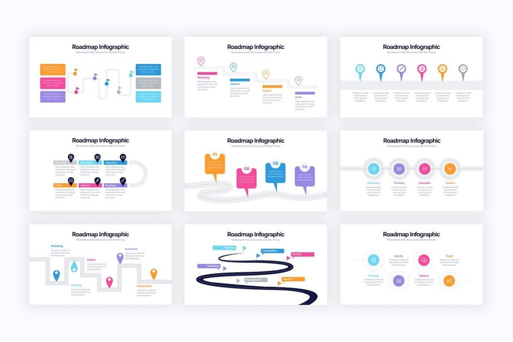 All elements are fully customizable Roadmap Powerpoint Infographics.
