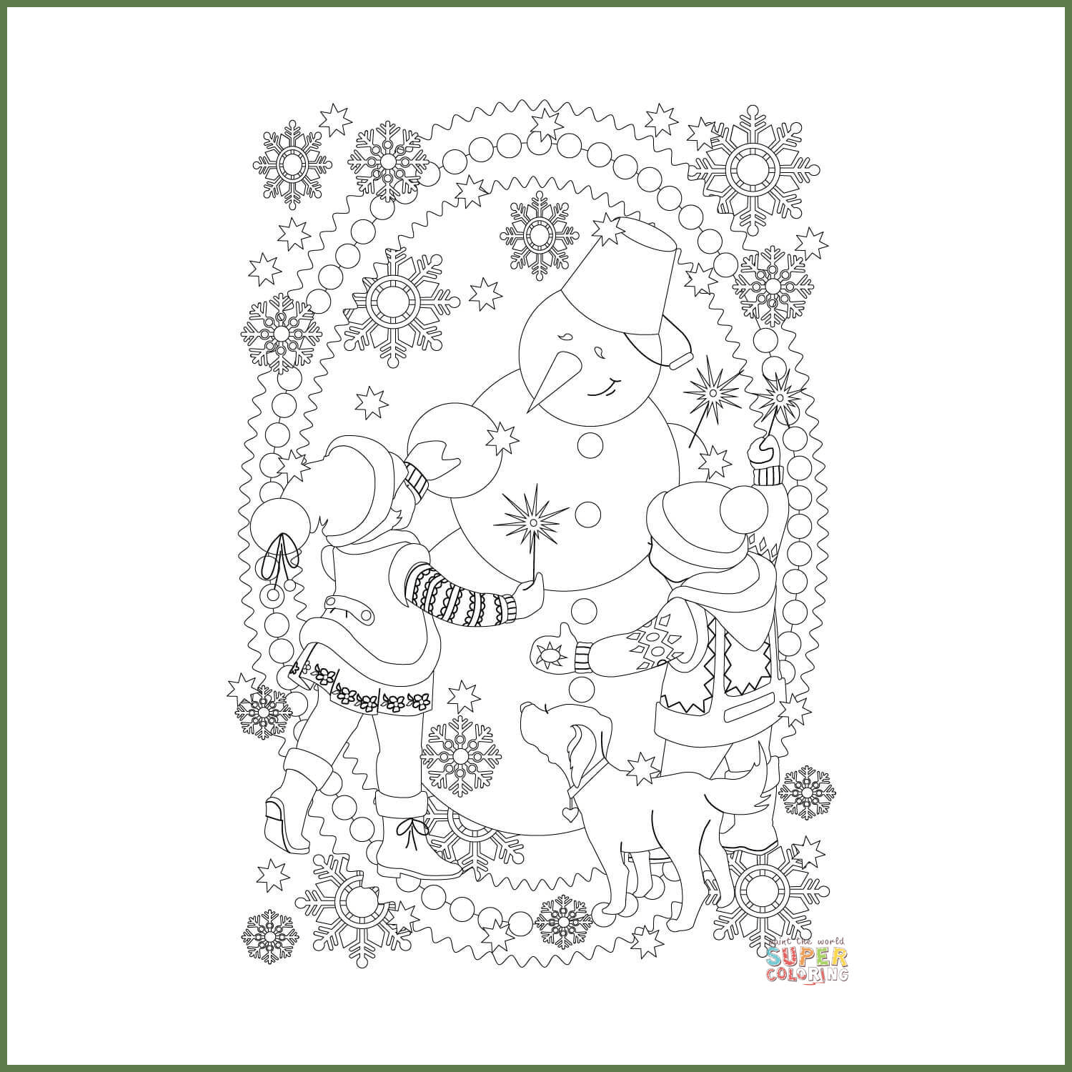 A Girl, a Boy, a Dog, and a Snowman are Playing Together coloring page cover image.