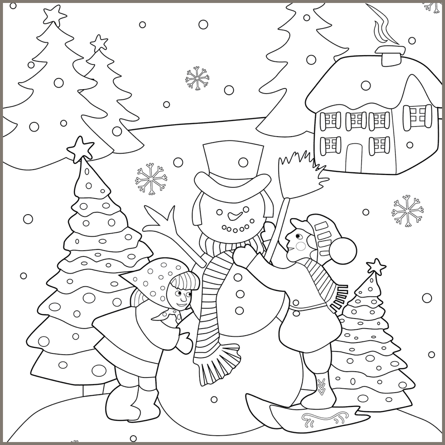 Boy and Girl Building a Snowman coloring page cover image.