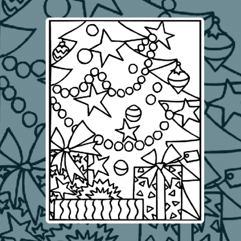 Christmas gifts under the tree coloring page cover image.