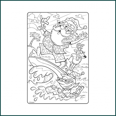 Surfing santa and reindeer coloring page cover image.