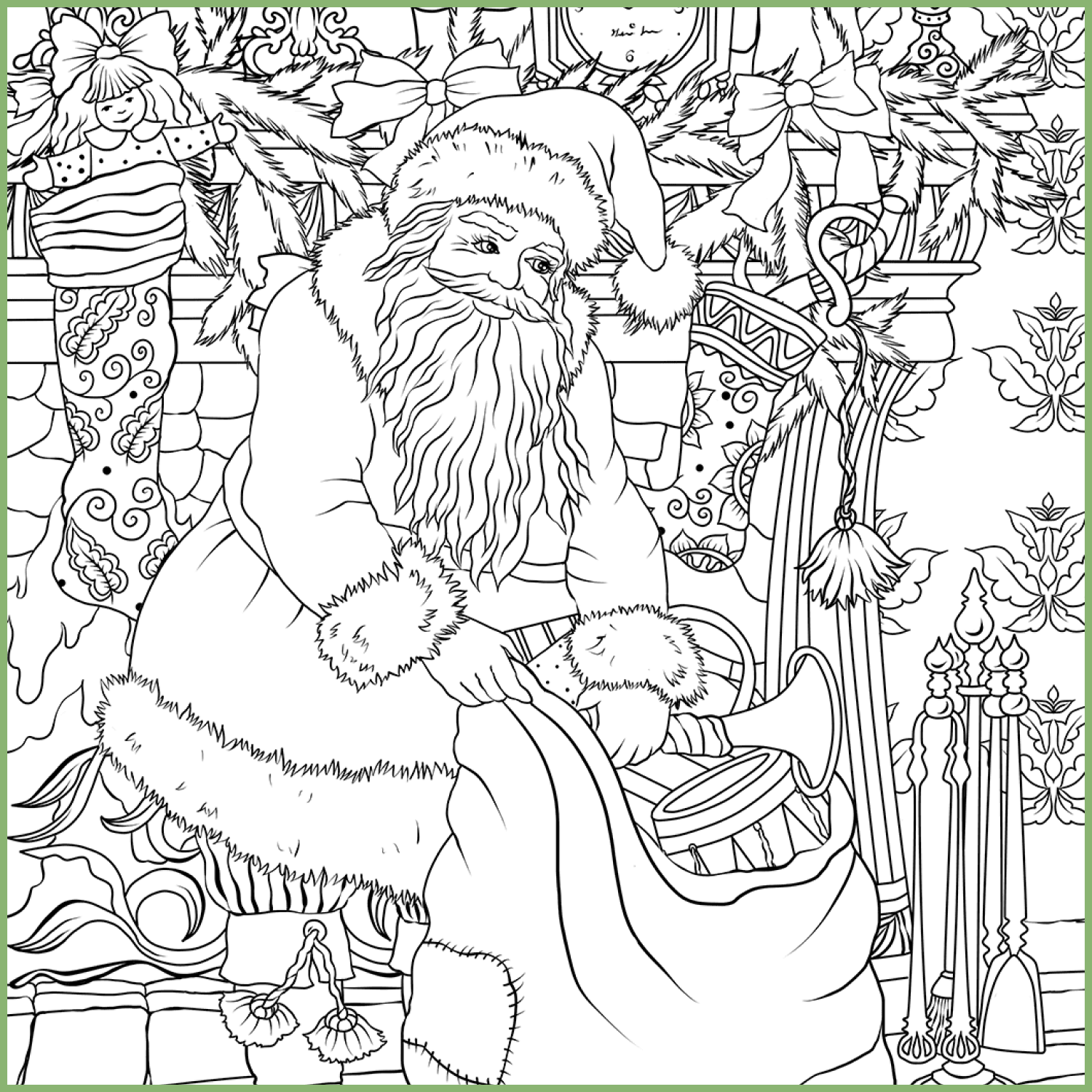 Saint Nickolas opening his bag of presents coloring page cover image.