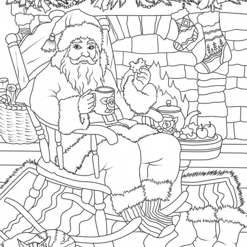 Santa Claus drinking tea with cookie while soaking up in front of the fireplace cover image.