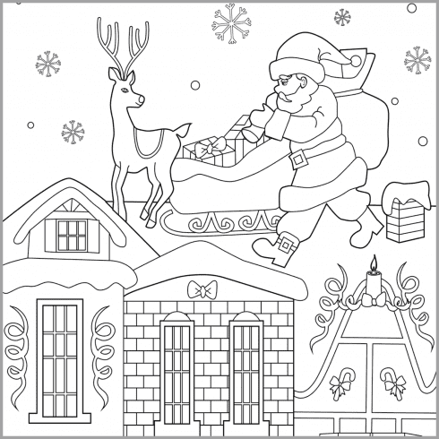 Santa on Rooftop coloring page cover image.