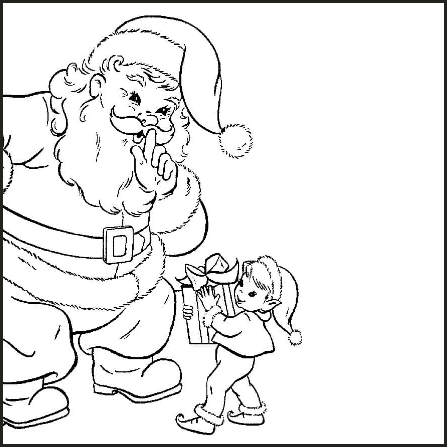 Santa with Christmas gifts coloring page cover image.