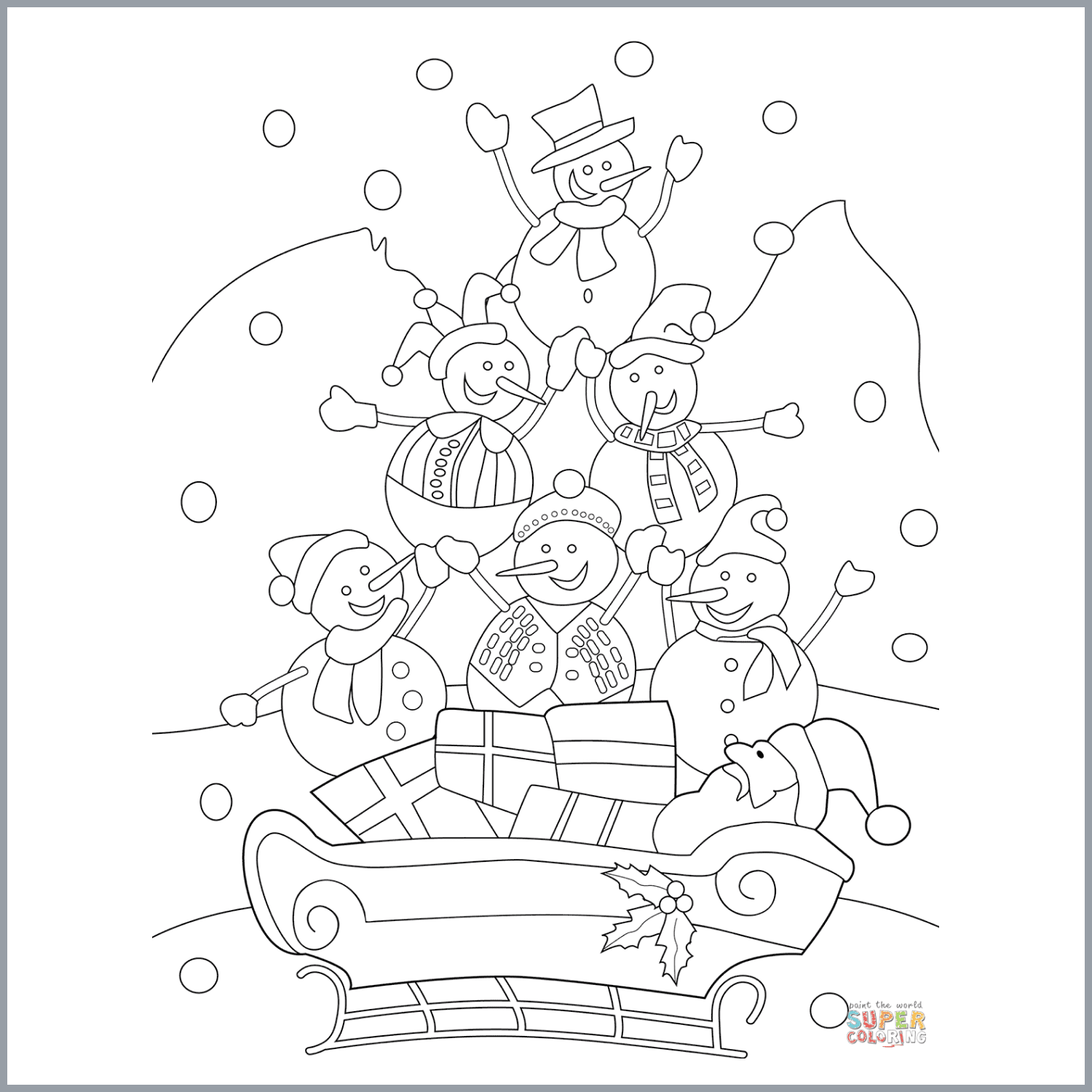 Snowmen with Santa on a Sled coloring page cover image.