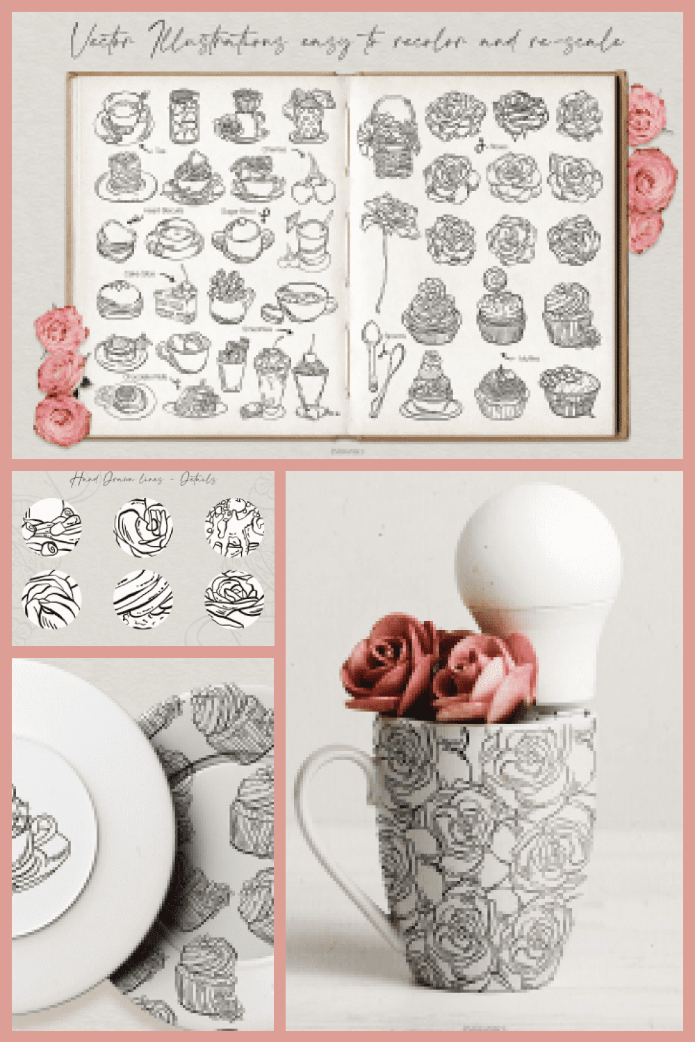 Muffins, Sweets and Roses Vector Illustrations - MasterBundles - Pinterest Collage Image.