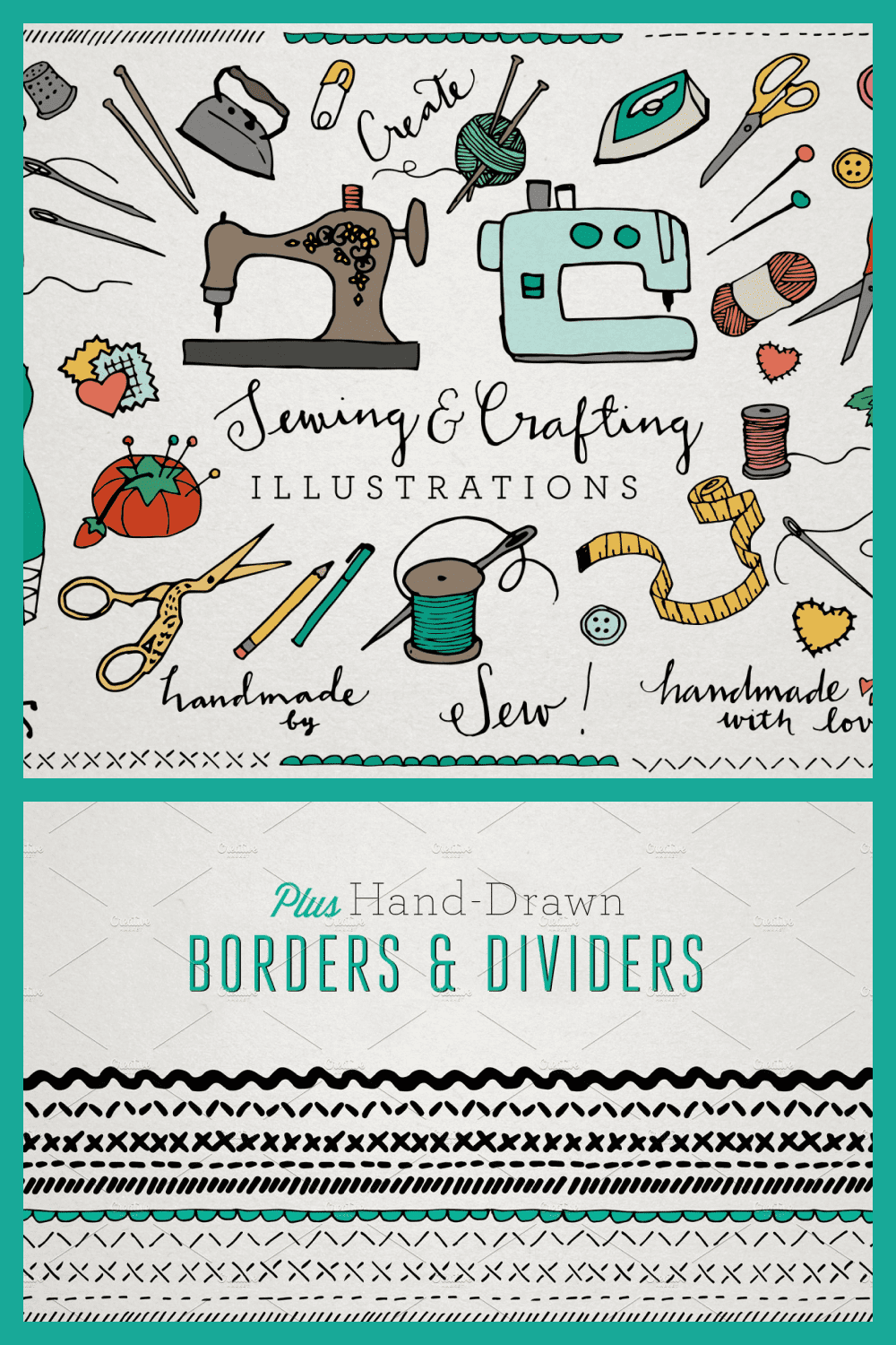 Sewing & Crafting Illustrations Pack - MasterBundles - Pinterest Collage Image.