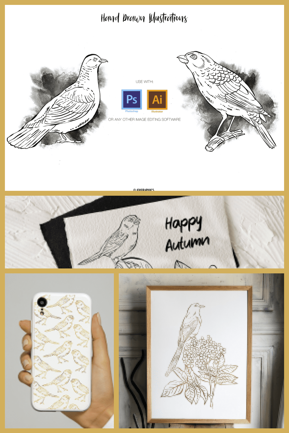Hand Drawn Birds, Leaves and Berries in Black and White - MasterBundles - Pinterest Collage Image.