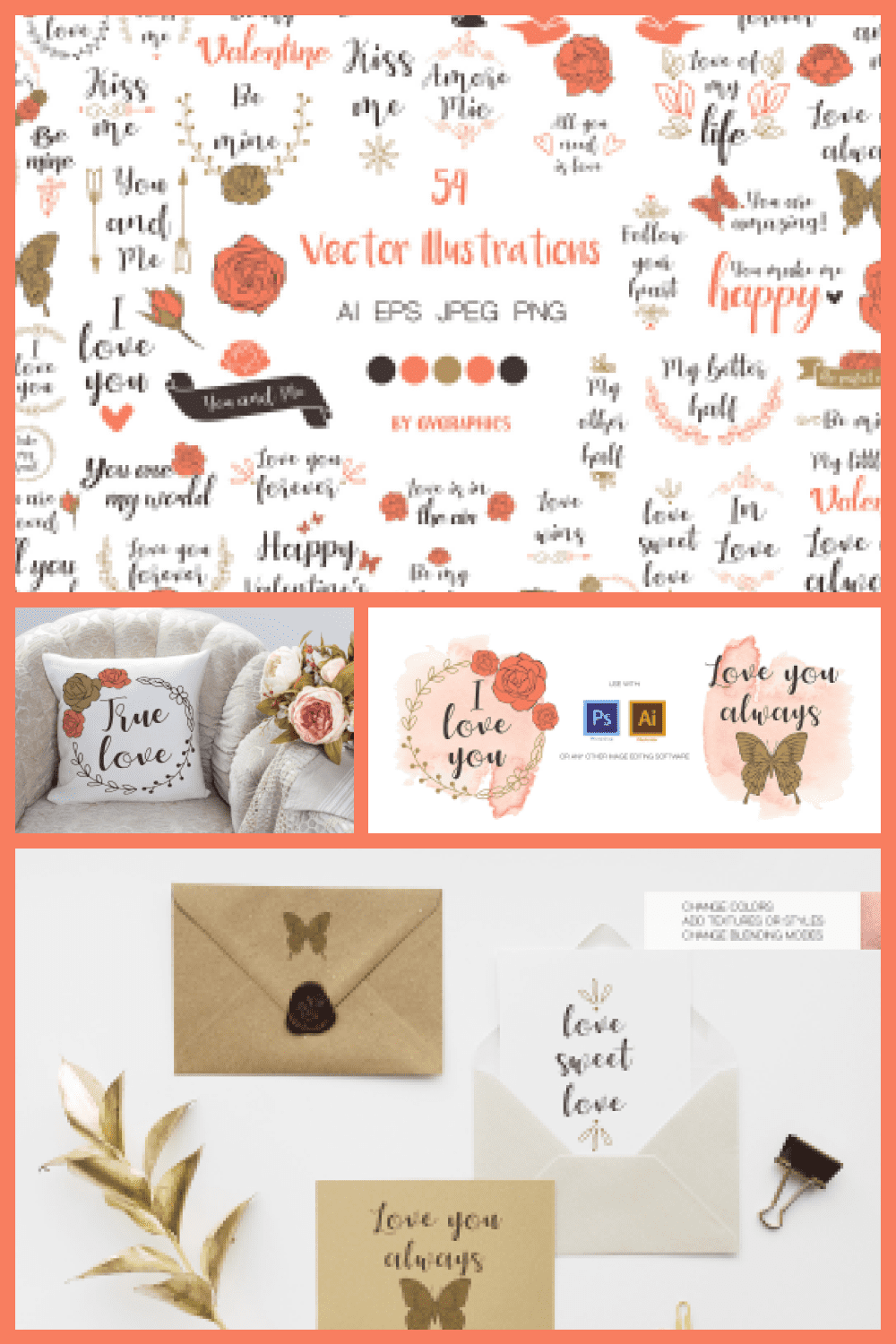 Valentine’s day Calligraphy and Roses Vector Illustrations - MasterBundles - Pinterest Collage Image.
