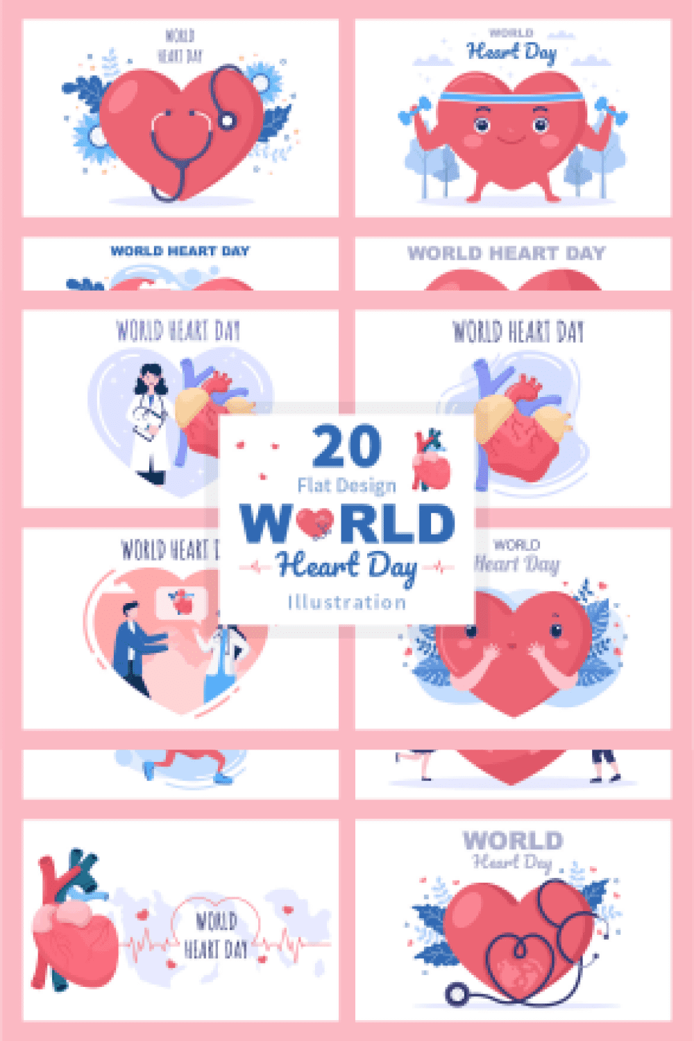 20 World Heart Day Illustrations - MasterBundles - Pinterest Collage Image.