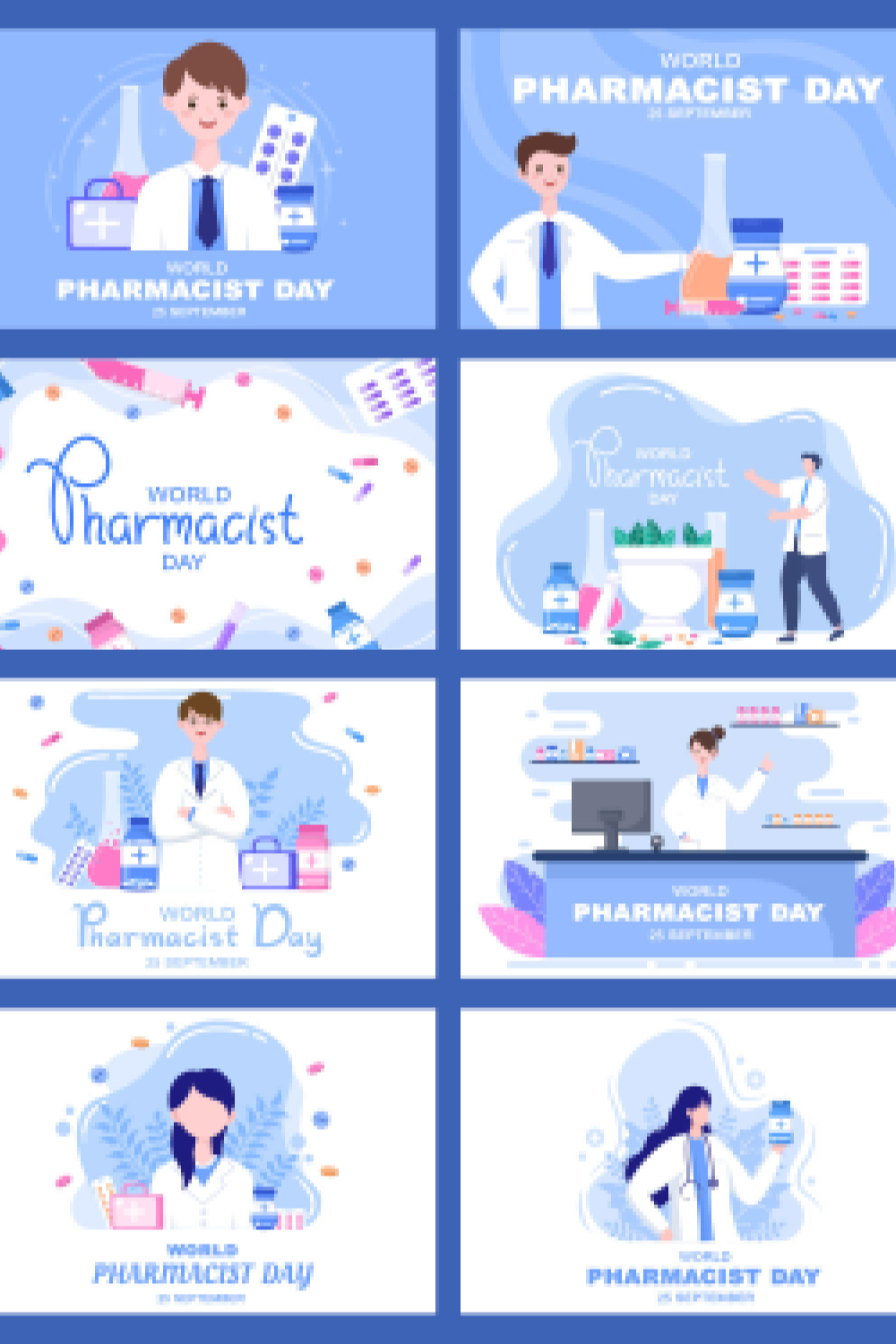 15 World Pharmacists Day Vector Illustrations - MasterBundles - Pinterest Collage Image.