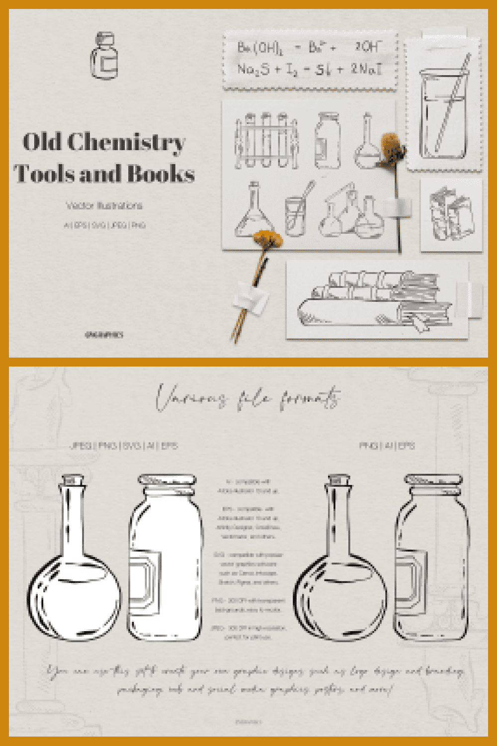 Old Chemistry Tools and Books Vector Illustrations - MasterBundles - Pinterest Collage Image.