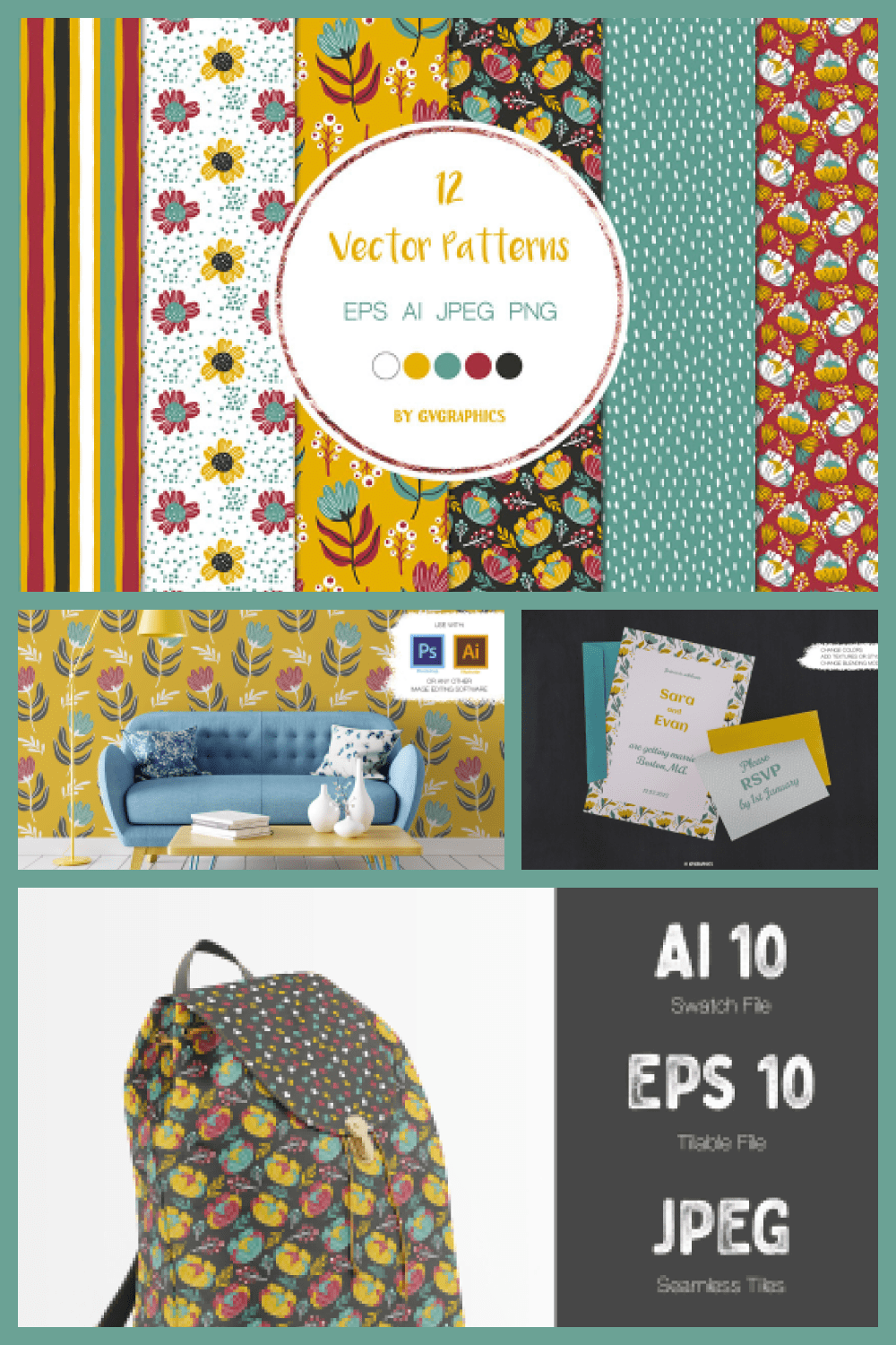 Colorful Vector Patterns with Flowers, Leaves and Berries - MasterBundles - Pinterest Collage Image.