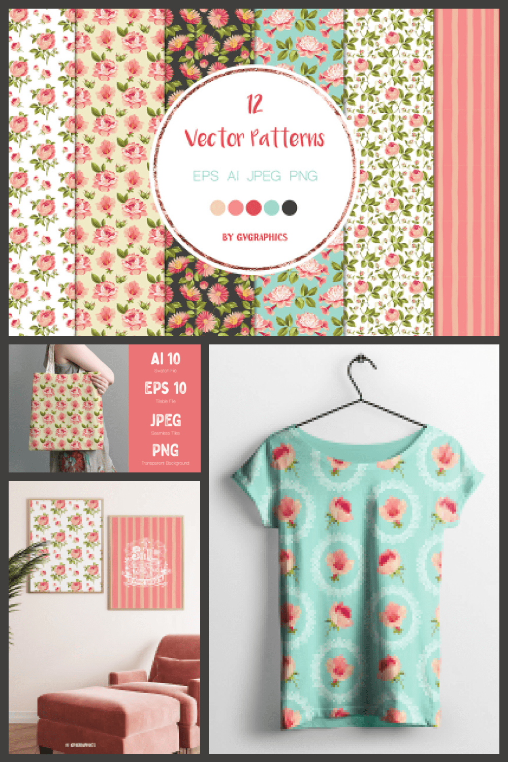 Elegant Pink Flowers Vector Seamless Patterns - MasterBundles - Pinterest Collage Image.