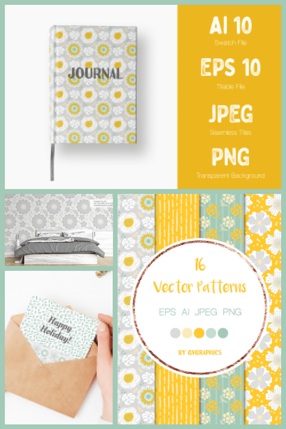 Gray, Yellow and Green Nature Vector Patterns - MasterBundles - Pinterest Collage Image.