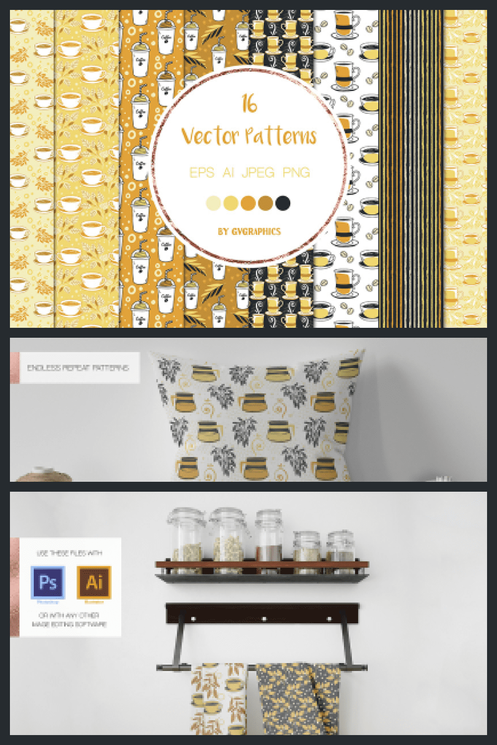 Time for Coffee Vector Patterns and Seamless Tiles - MasterBundles - Pinterest Collage Image.