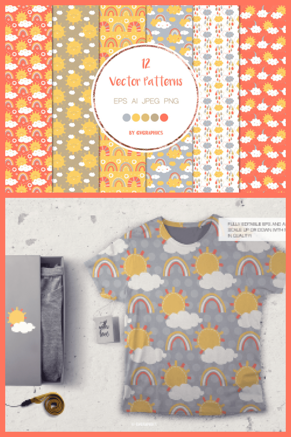 Sun, Clouds and Rain Vector Patterns and Seamless Tiles - MasterBundles - Pinterest Collage Image.