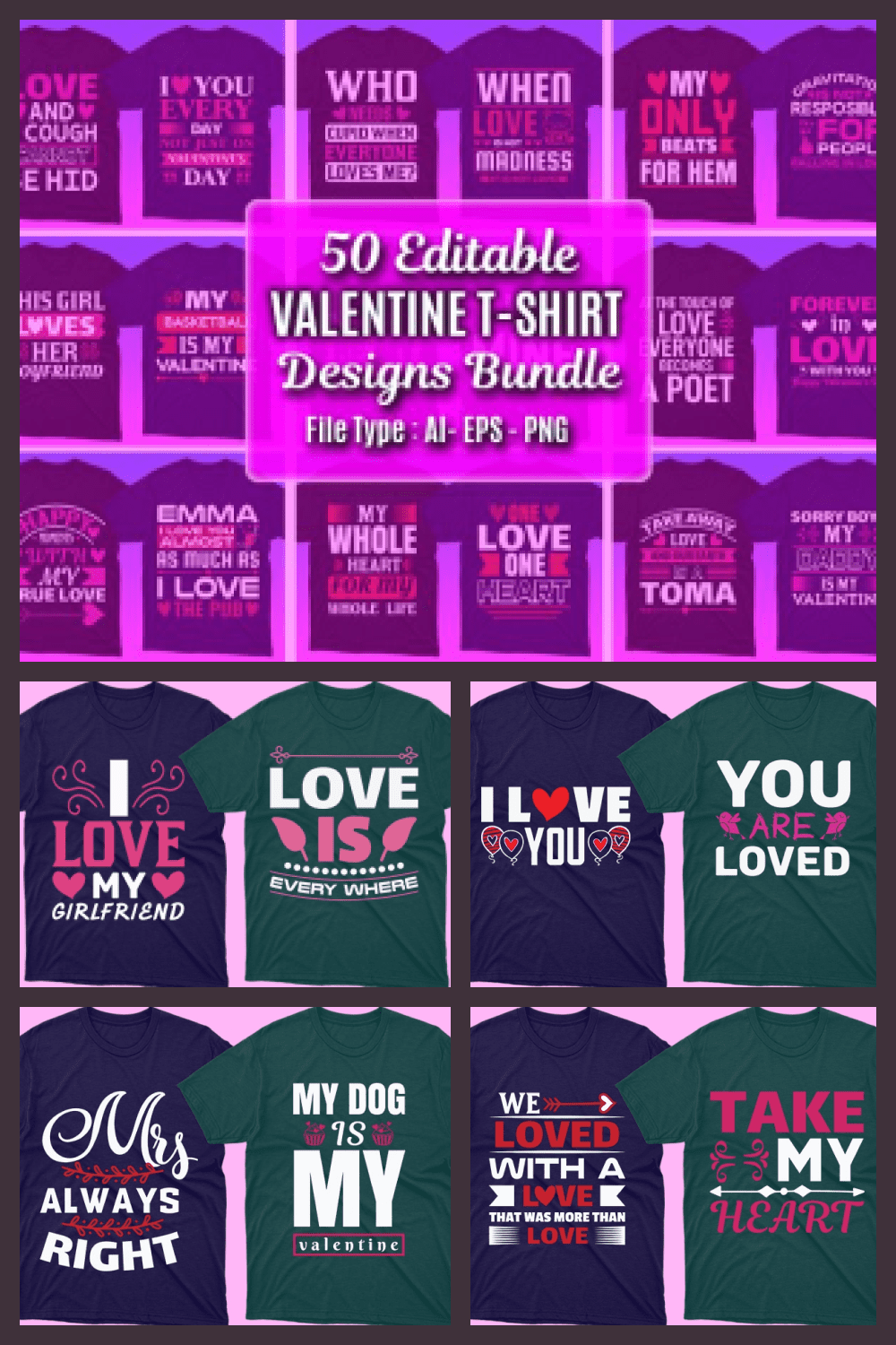 50 Editable Valentine’s day T-shirt Designs Bundle - MasterBundles - Pinterest Collage Image.