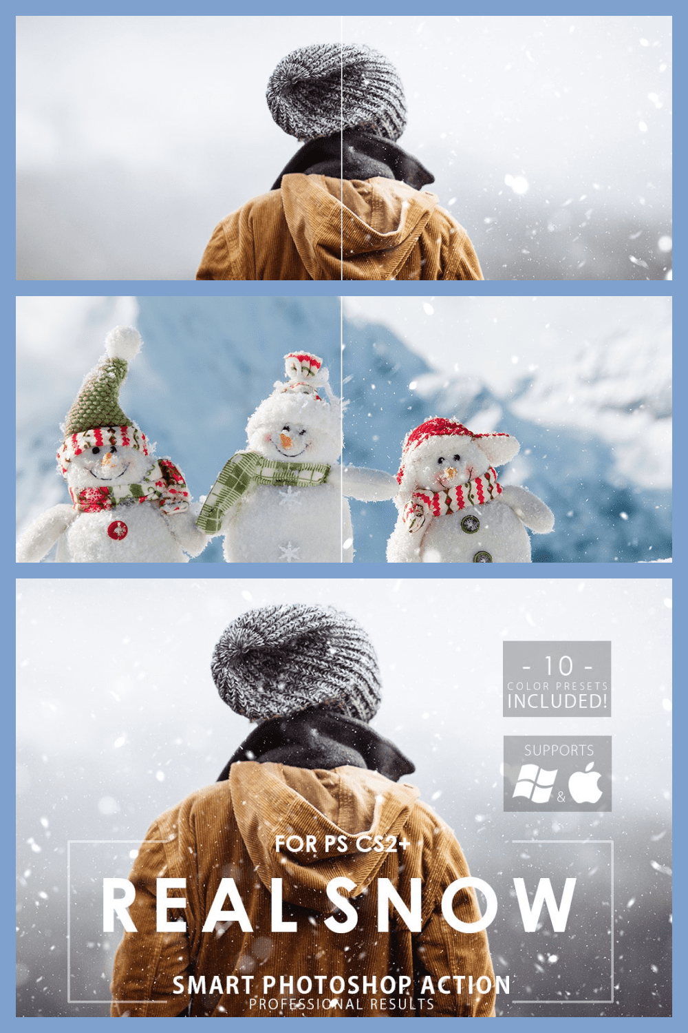 Real Snow Photoshop Action - MasterBundles - Pinterest Collage Image.