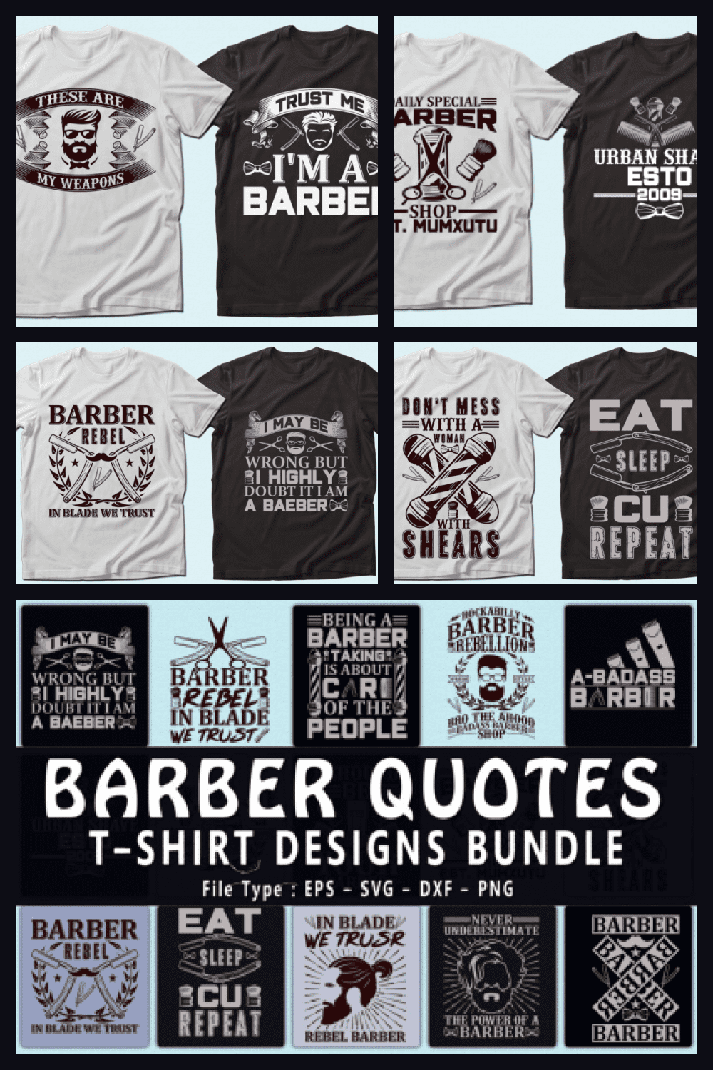 Trendy 20 Barber T-shirt Designs Bundle - MasterBundles - Pinterest Collage Image.