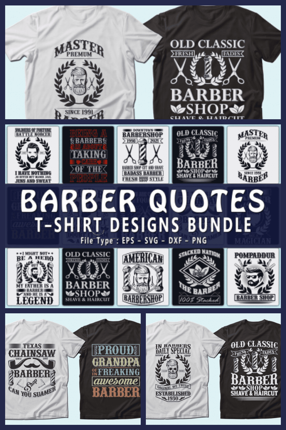 Trendy 20 Barber Quotes T-shirt Designs Bundle - MasterBundles - Pinterest Collage Image.