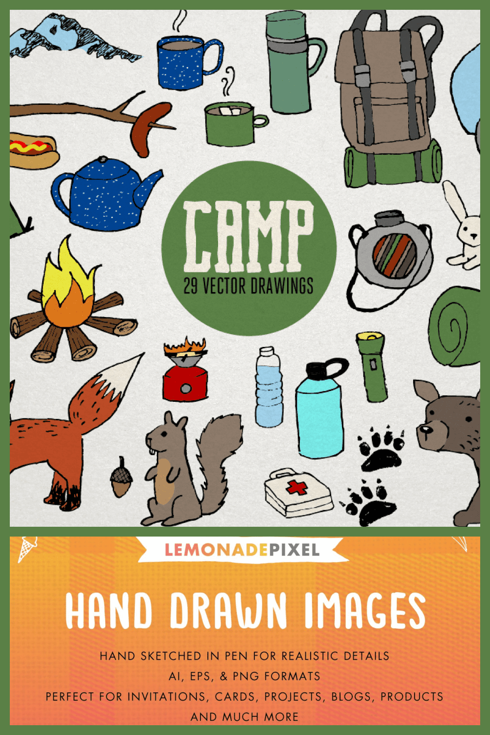 Camping Vector Illustrations - MasterBundles - Pinterest Collage Image.