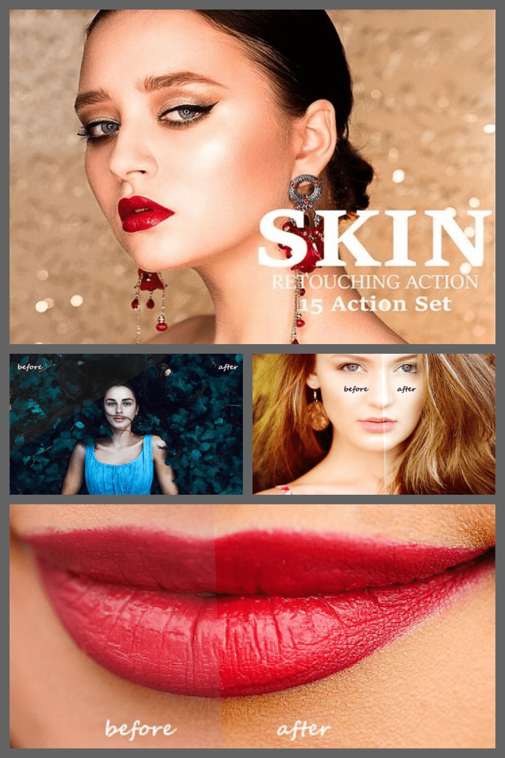 15 Skin Retouching Photoshop Actions Bundle - MasterBundles - Pinterest Collage Image.