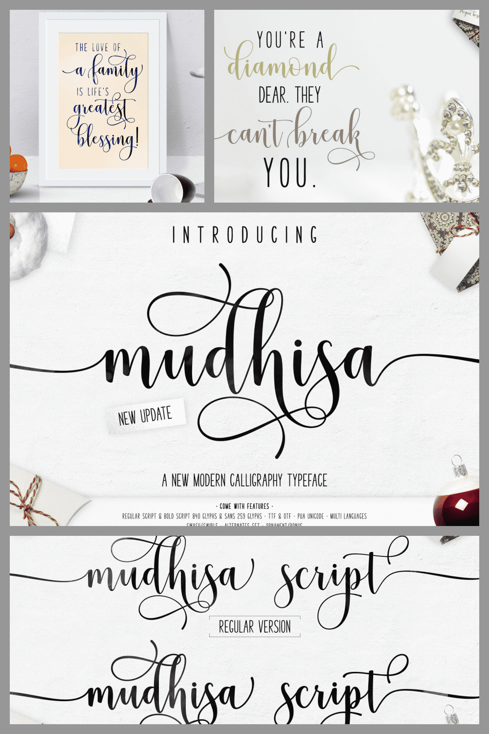 Mudhisa Script Handwritten Calligraphy | 4 Versions - MasterBundles - Pinterest Collage Image.