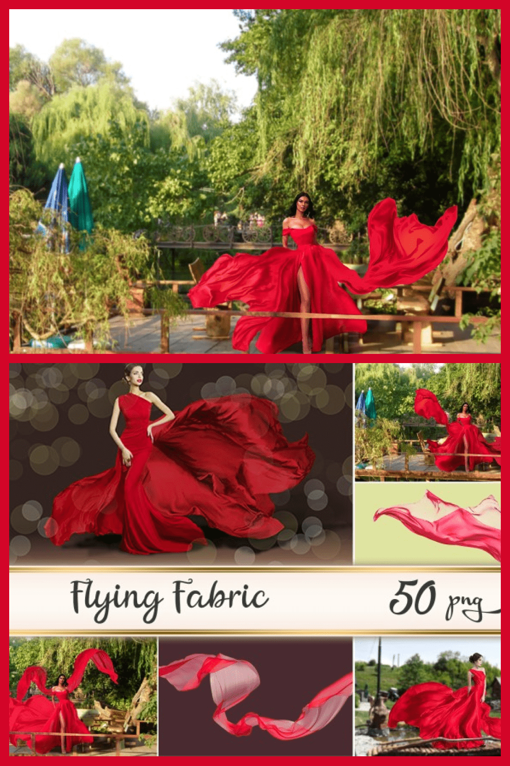 Red Flying Fabrics Overlays - MasterBundles - Pinterest Collage Image.