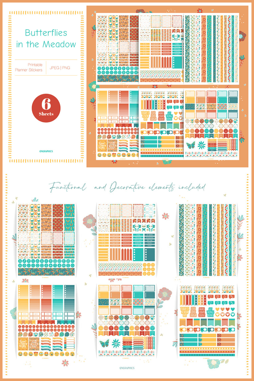 Butterflies in the Meadow Planner Stickers - MasterBundles - Pinterest Collage Image.
