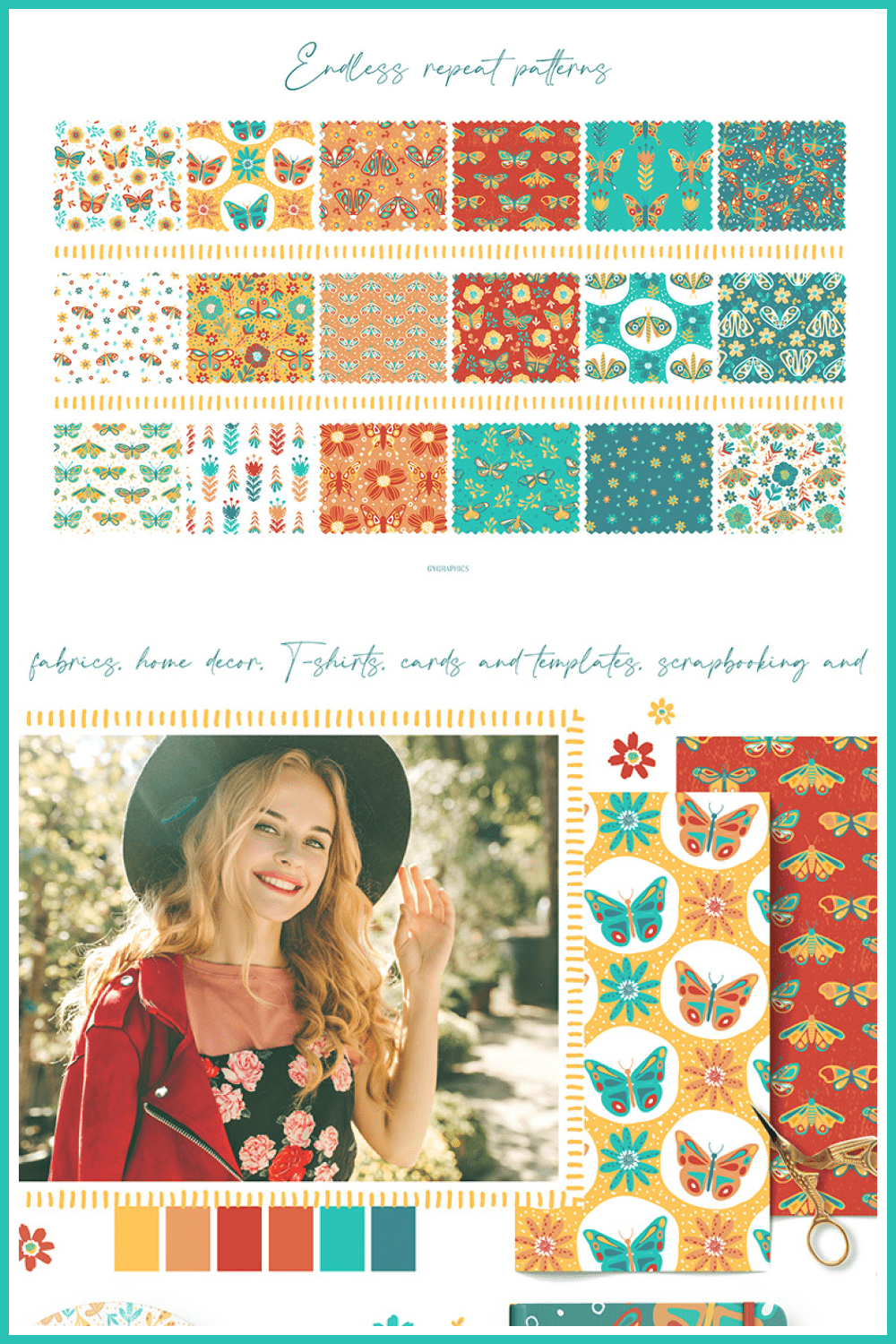 Butterflies in the Meadow Vector Patterns - MasterBundles - Pinterest Collage Image.