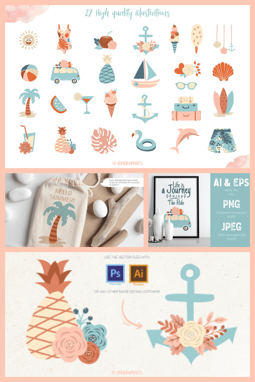 Vacation Beach Objects, Set of Summer Vector Illustrations - MasterBundles - Pinterest Collage Image.