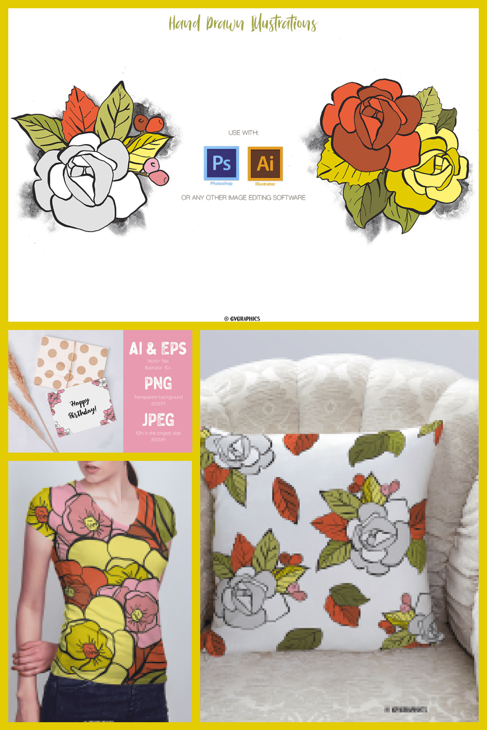 Hand Drawn Vector Spring Flowers - MasterBundles - Pinterest Collage Image.