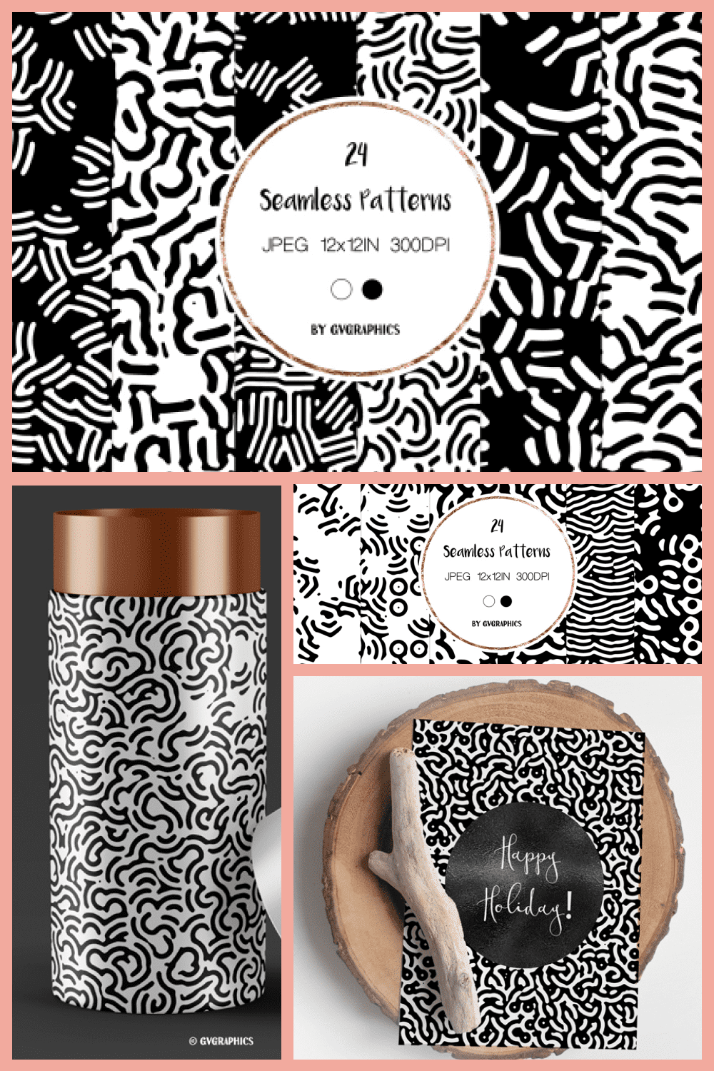 Black and White Abstract Seamless Patterns - MasterBundles - Pinterest Collage Image.
