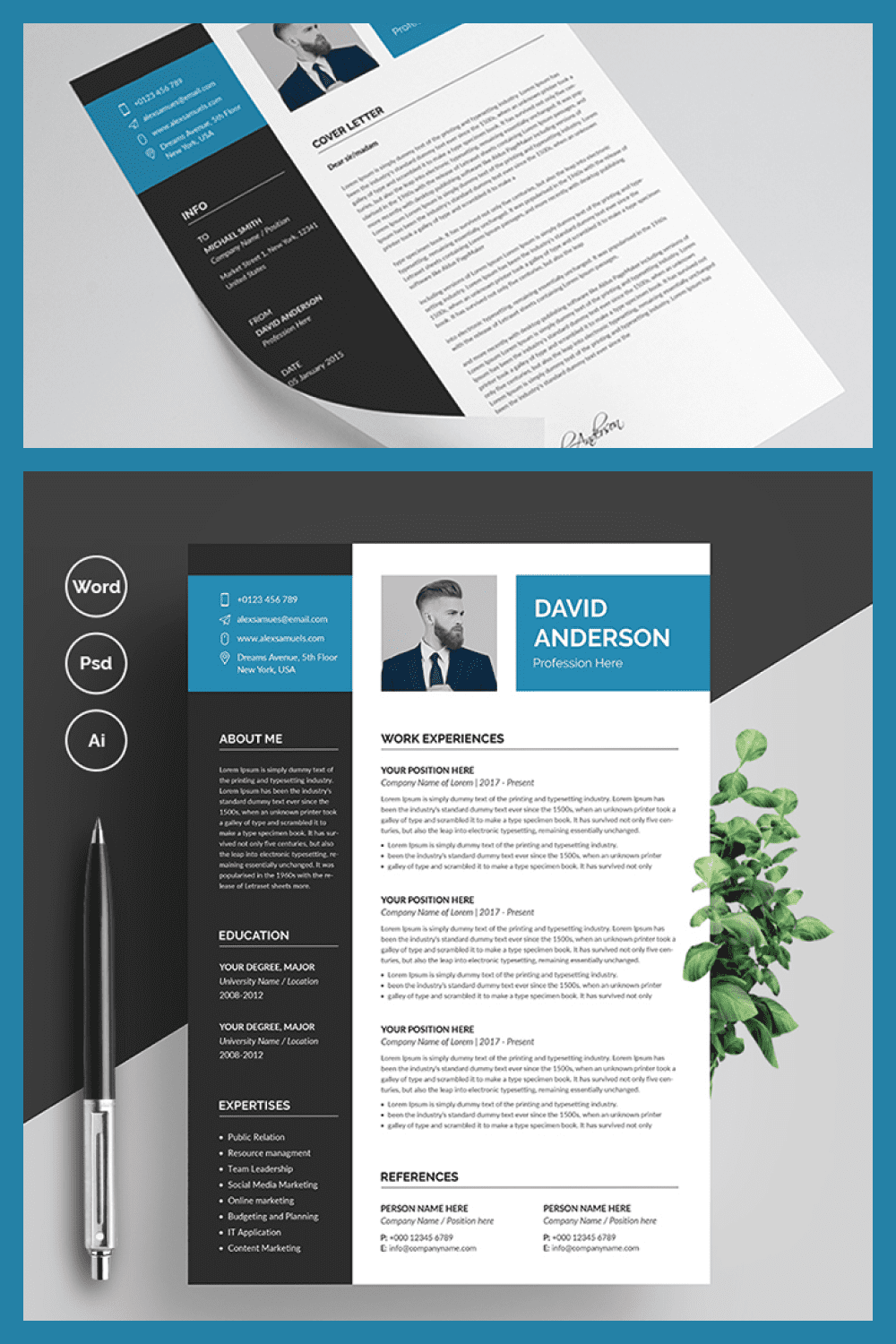 Blue and black resume template with a blue background.