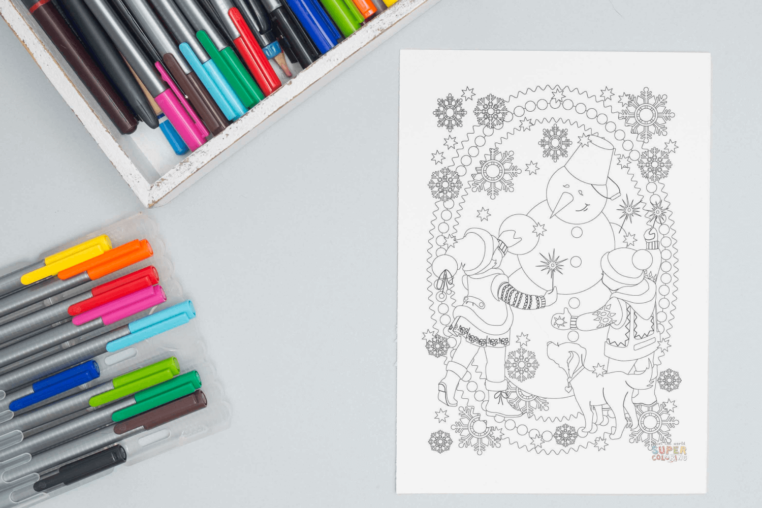 A Girl, a Boy, a Dog, and a Snowman are Playing Together coloring page facebook image.