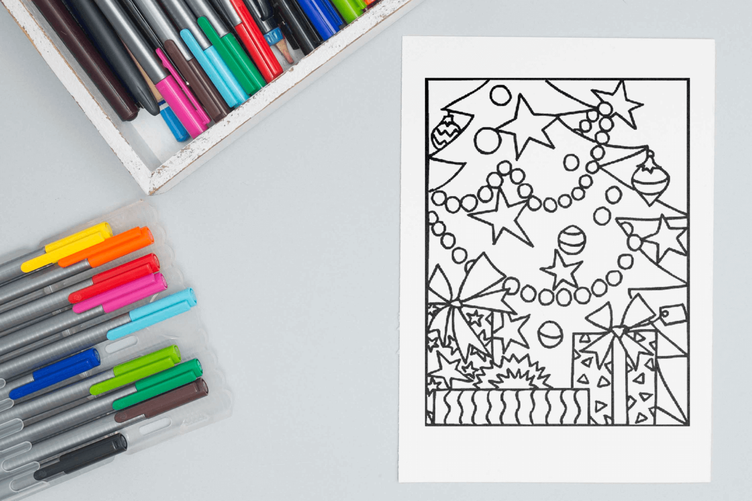 Christmas gifts under the tree coloring page facebook image.