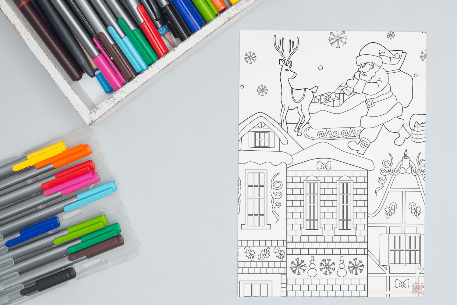 Santa on Rooftop coloring page facebook image.