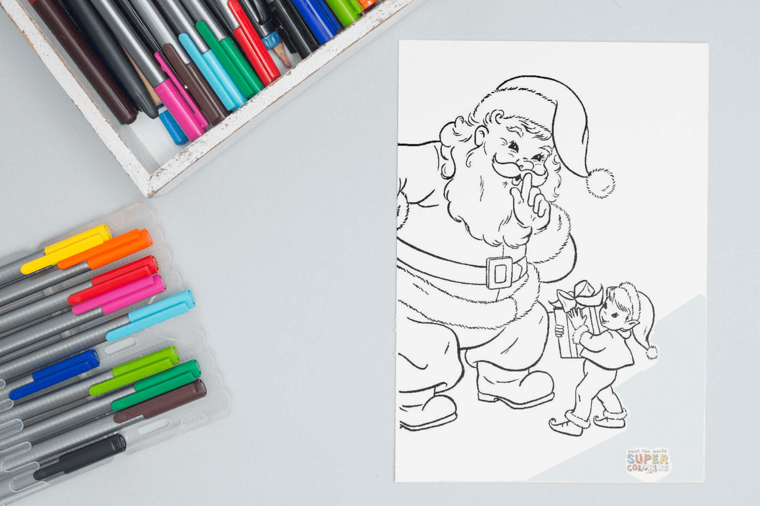Santa with Christmas gifts coloring page facebook image.